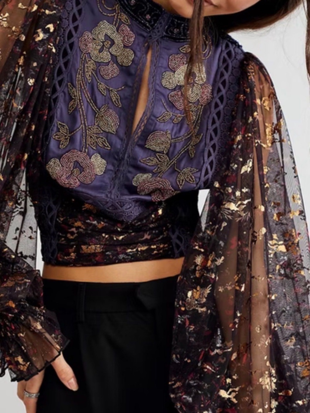 Free People Embroidered Purple Floral Lace Crop Top with Sheer Balloon Sleeves